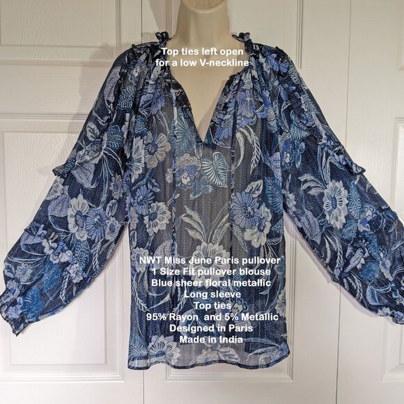 NWT Miss June Paris pullover 1 Size pullover top, Blue sheer floral, Made India - Picture 1 of 16